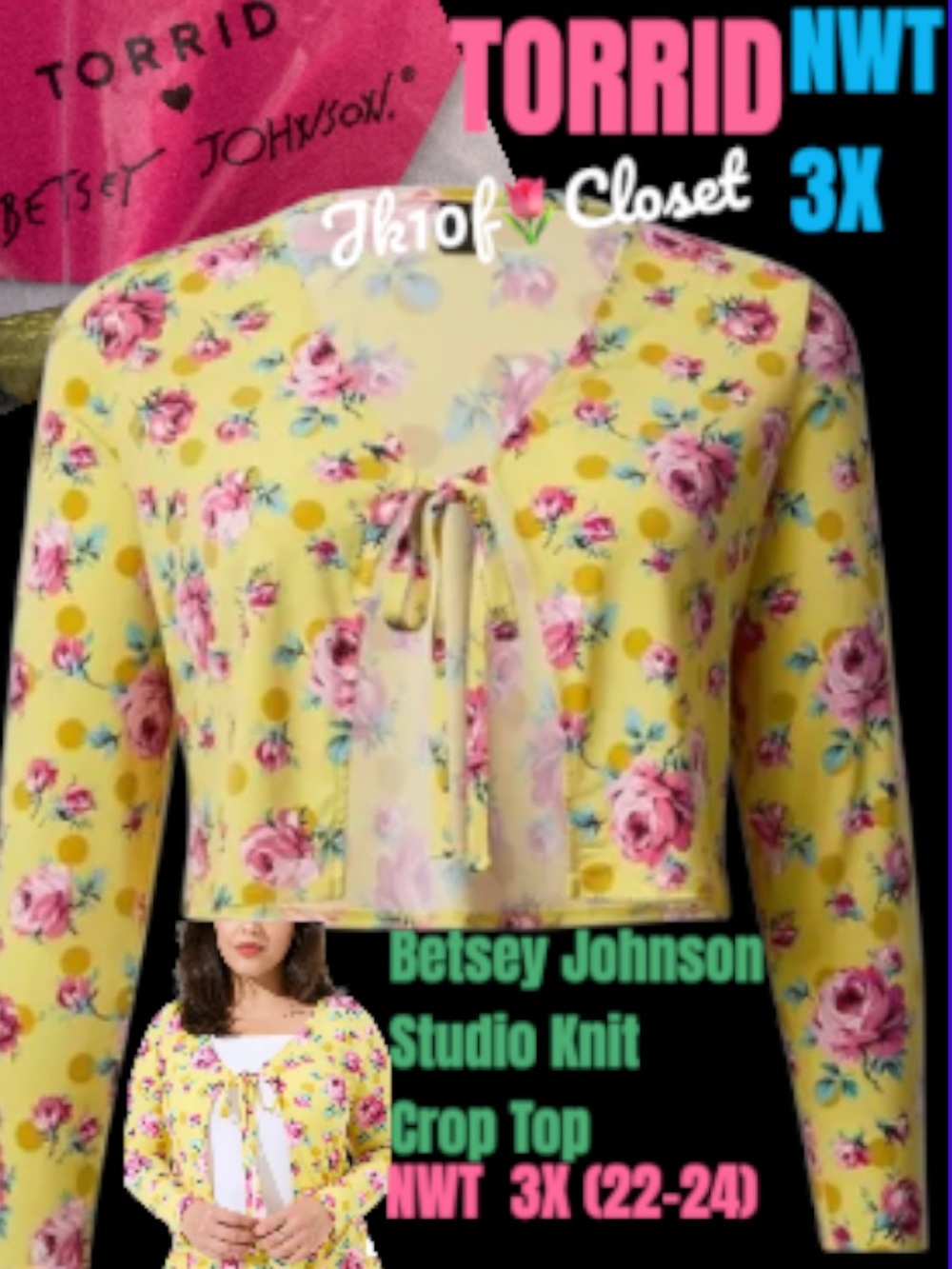 🌷TORRID BETSEY JOHNSON PINK ROSES STUDIO KNIT TIE FRONT CROP CARDIGAN